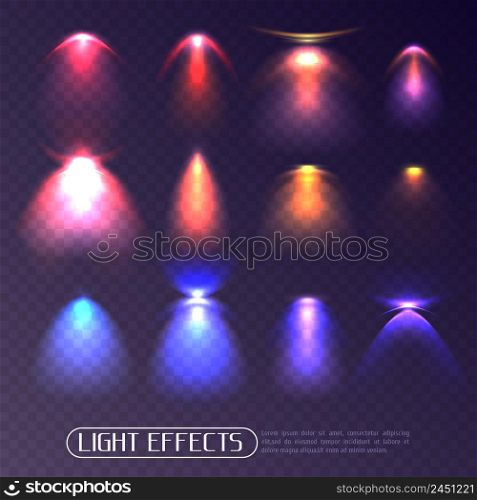 Set of colored artificial light effects of various intensity isolated on transparent background vector illustration. Colored Light Effects Transparent Set