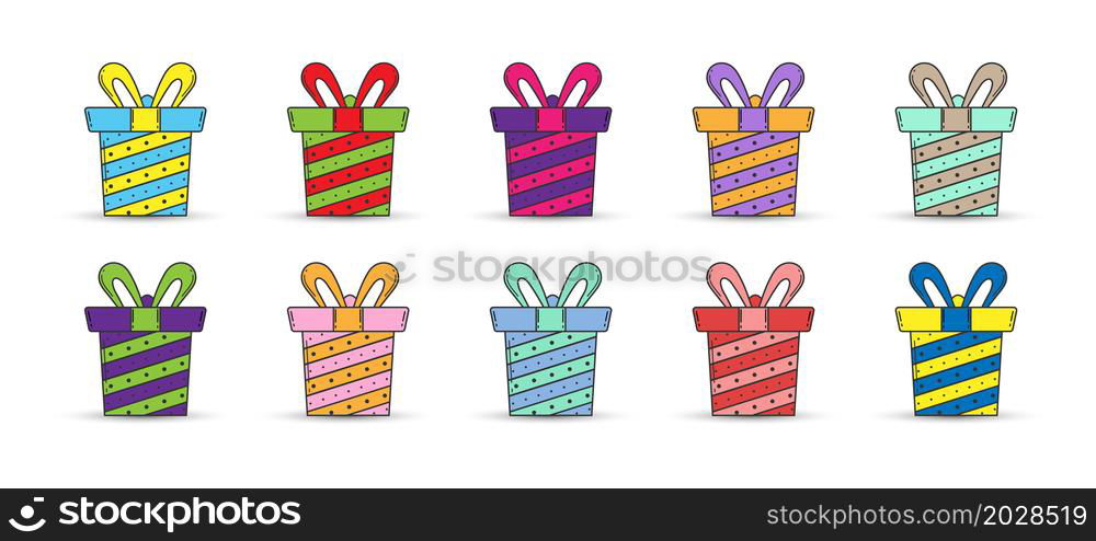 set of colored boxes with New Year and Christmas gifts for decorating postcards, greetings and creative design. Empty outline, flat style.