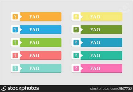 set of colored buttons labeled FAQ and question mark. Flat style