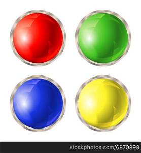 Set of colored buttons. Set of colored buttons with silver metallic border isolated on white background. Vector illustration.