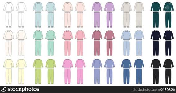 Set of Colored childrens cotton sweatshirt and pants. apparel pajamas technical sketch. Kids outline nighwear design template collection. Different colors. Front and back view. CAD fashion design. Set of Colored childrens cotton sweatshirt and pants. apparel pajamas technical sketch. Kids outline nighwear design template collection.