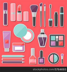 Set of colored cosmetics sticker icons.