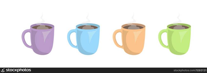 Set of colored cups with hot drink. Flat design.