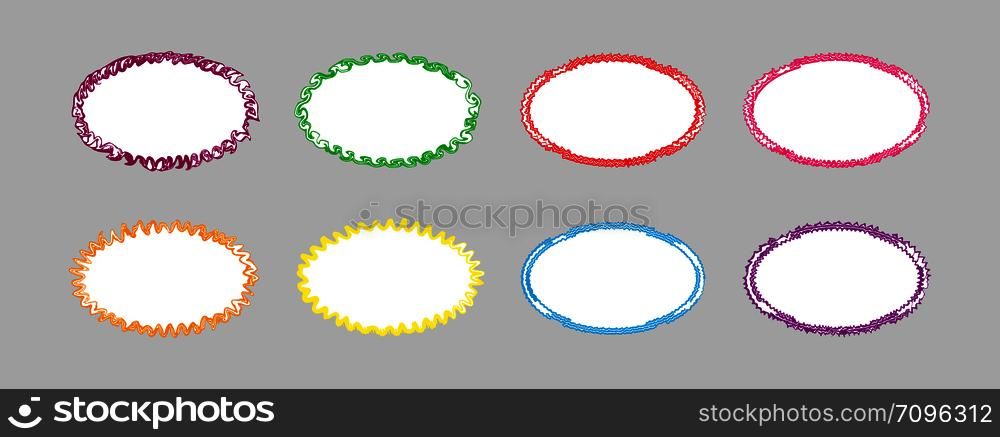 Set of colored curly oval frames with white background, flat simple design.