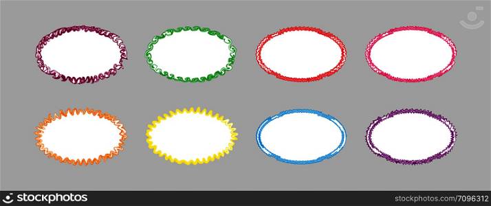 Set of colored curly oval frames with white background, flat simple design.