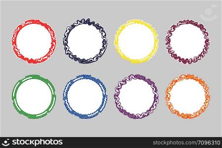 Set of colored curly round frames with white background, flat simple design.