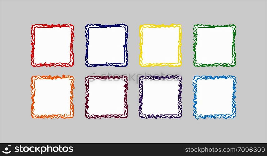 Set of colored curly square frames with white background, flat simple design.
