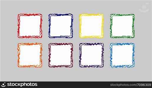Set of colored curly square frames with white background, flat simple design.