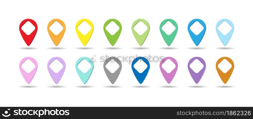 set of colored dots or pointers for a map with a square space in the center. Flat design.