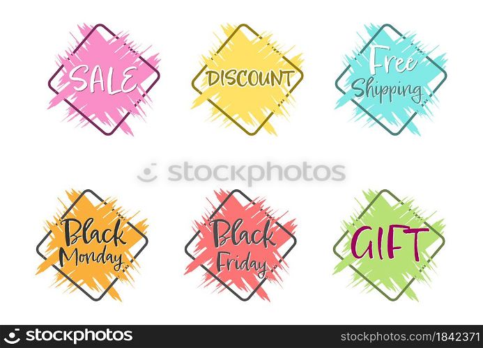 set of colored grunge stickers for business, sales, advertising promotion, banners and stickers. Flat style.