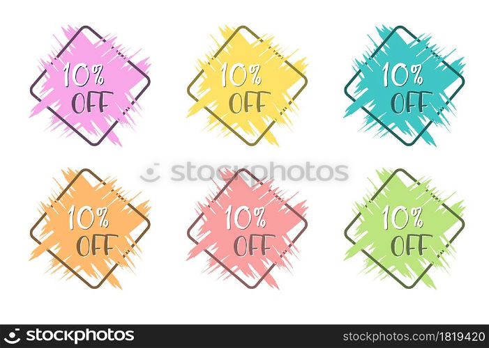 set of colored grunge stickers with a 10 percent discount for business, sales, advertising promotion, stickers and labels. Flat style