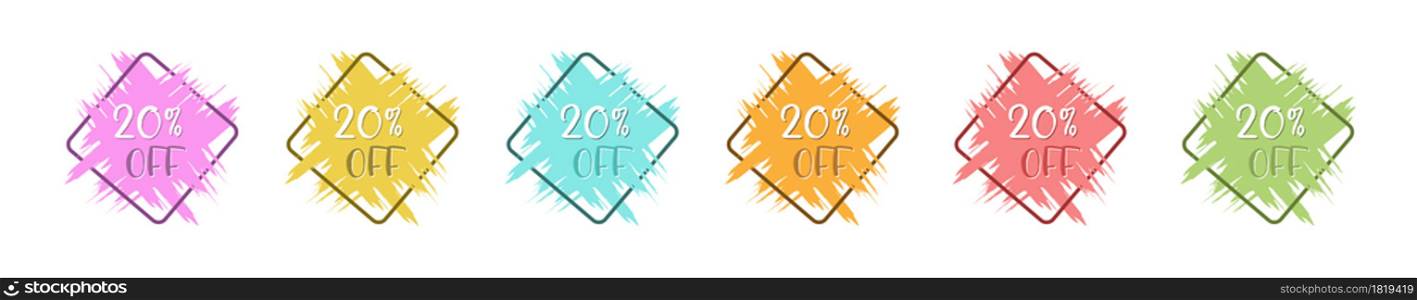 set of colored grunge stickers with a 20 percent discount for business, sales, advertising promotion, stickers and labels. Flat style