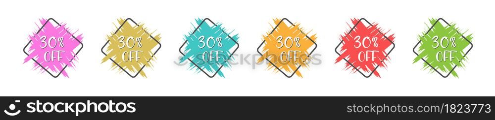 set of colored grunge stickers with a 30 percent discount for business, sales, advertising promotion, stickers and labels. Flat style