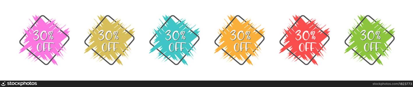 set of colored grunge stickers with a 30 percent discount for business, sales, advertising promotion, stickers and labels. Flat style