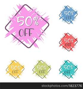 set of colored grunge stickers with a 50 percent discount for business, sales, advertising promotion, stickers and labels. Flat style