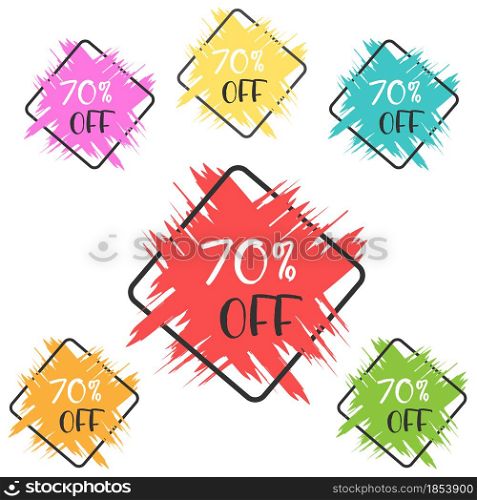 set of colored grunge stickers with a 70 percent discount for business, sales, advertising promotion, stickers and labels. Flat style