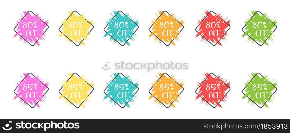 set of colored grunge stickers with a 80 and 85 percent discount for business, sales, advertising promotion, stickers and labels. Flat style