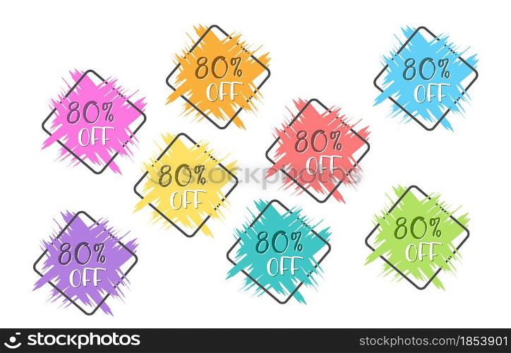 set of colored grunge stickers with a 80 percent discount for business, sales, advertising promotion, stickers and labels. Flat style