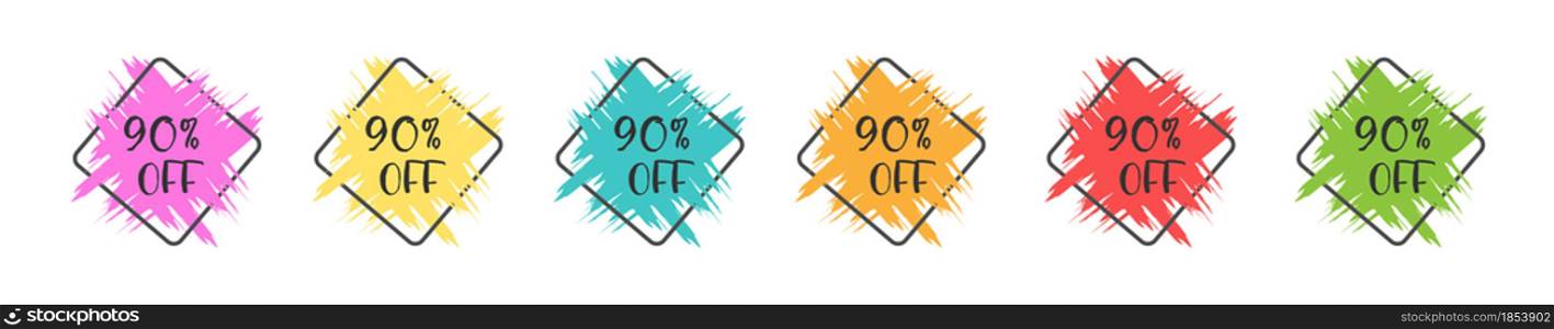 set of colored grunge stickers with a 90 percent discount for business, sales, advertising promotion, stickers and labels. Flat style