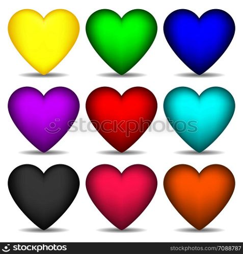 Set of Colored Hearts isolated on white background for Your Design, Game, Card. Vector Illustration.