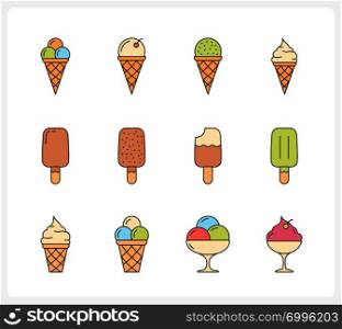 Set of colored ice cream line icons, vector eps10 illustration. Colored Ice Cream Line Icons