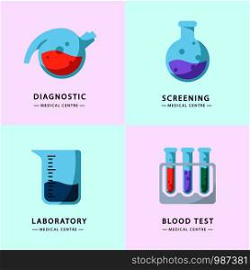 set of colored icons or logo - laboratory flask, measuring cup and test tubes for diagnosis, analysis, scientific experiment. Chemical lab and equipment. Isolated vector objects or signs in flat style. Laboratory Flasks Icon Set