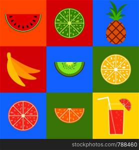 Set of colored isolated mouth-watering fruits. Bright tropical food. Lemon, grapefruit, orange, pineapple, kiwi, banana, watermelon. Cocktail with a straw. Simple flat vector illustration. Set of colored isolated mouth-watering fruits. Bright tropical food. Lemon, grapefruit, orange, pineapple, kiwi, banana, watermelon. Cocktail with a straw. Simple flat vector illustration.