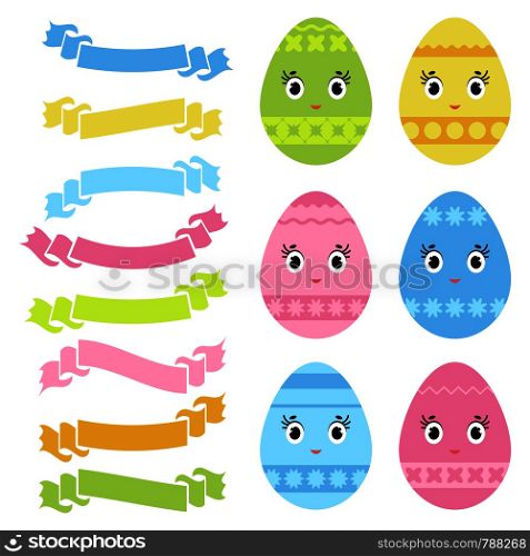 Set of colored isolated sweet Easter eggs and ribbon banners on white background. With an abstract pattern. Simple flat vector illustration. Suitable for decoration of postcards, advertising, magazines, websites.