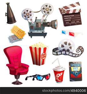 Set Of Colored Isometric Cartoon Cinema Icons. Set of colored isometric cartoon cinema icons in retro style with director chair projector 3d glasses isolated vector illustration