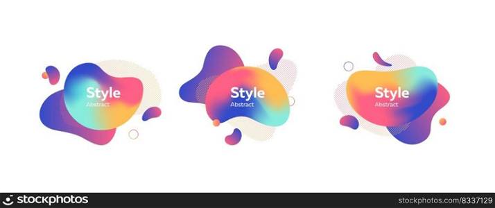 Set of colored liquid shape with splashes. Dynamical colored forms. Gradient banners with flowing liquid shapes. Template for design of logo, flyer or presentation. Vector illustration