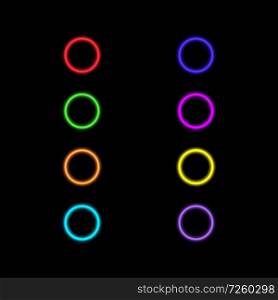 Set of colored neon circles on a black background. Vector illustration .. Set of colored neon circles  .
