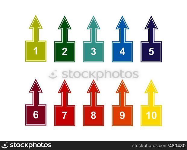 set of colored numbered squares with numbers from 1 to 10 with up arrows for design and decoration of projects, presentations, plans. Tab with numbering.Vector