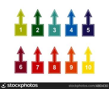 set of colored numbered squares with numbers from 1 to 10 with up arrows for design and decoration of projects, presentations, plans. Tab with numbering.Vector
