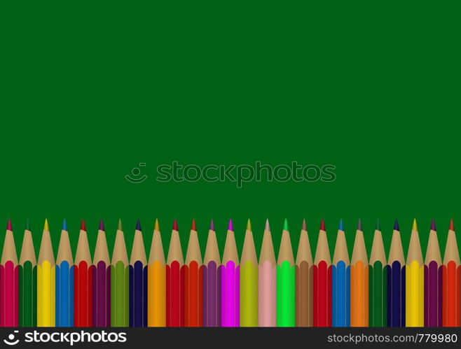 Set of colored Pencils on the edge of green background . Illustration for design and decoration of children's and school pictures.