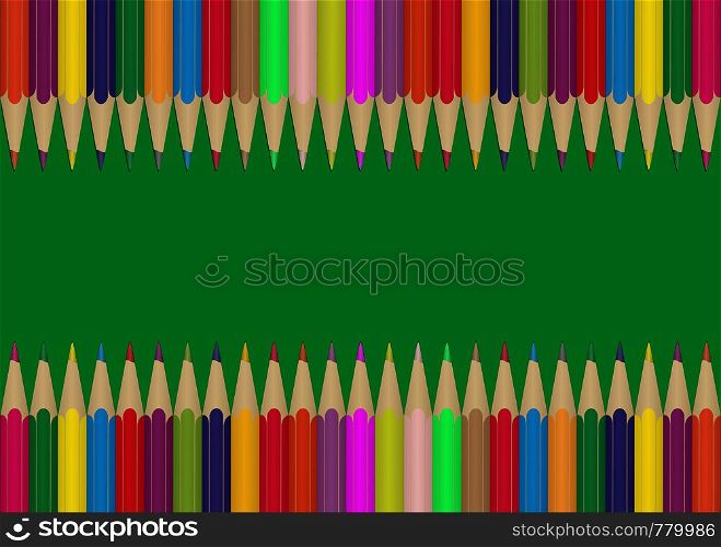 Set of colored Pencils on the edges of the green background. Illustration for design and decoration of children's and school pictures.