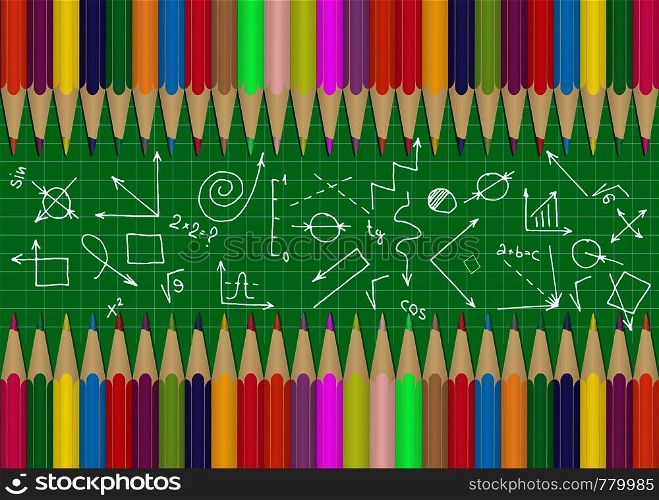Set of colored Pencils on the edges of the school Board with diagrams and formulas. Illustration for design and decoration of children's and school pictures.