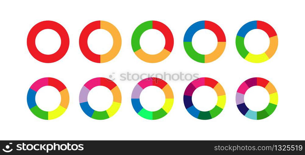 set of colored pie charts for 1,2,3,4,5,6,7,8,9,10 steps or sections to illustrate a business plan, infographic, reporting. Simple design, stock vector illustration.
