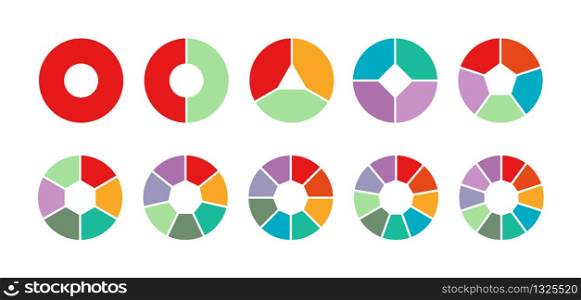 set of colored pie charts for 1,2,3,4,5,6,7,8,9,10 steps or sections to illustrate a business plan, infographic, reporting. Simple design, stock vector illustration.