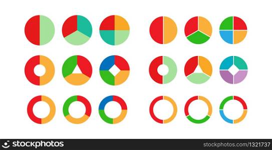 set of colored pie charts for 2, 3, 4 steps or sections to illustrate a business plan, infographic, reporting. Simple design, stock vector illustration.