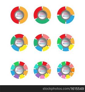set of colored pie charts for the user interface. A circular graph with steps, sections, or stages from 2 to 10. Round infographic template for web and graphic design. Flat style.