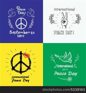 Set of Colored Posters for International Peace Day. Set of multicolored posters for International Peace Day. Vector with famous symbols like dove with twig, hippie logo, hand gesture and heart