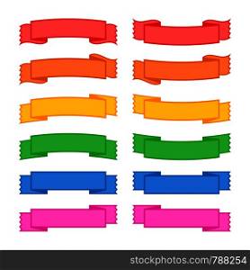 Set of colored ribbon banners. With space for text. Simple flat vector illustration isolated on white background. Suitable for infographics, design, advertising, holidays, labels.