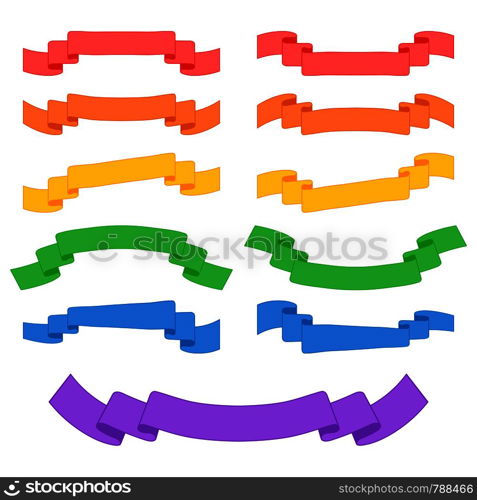 Set of colored ribbon banners. With space for text. Simple flat vector illustration isolated on white background. Suitable for infographics, design, advertising, holidays, labels.