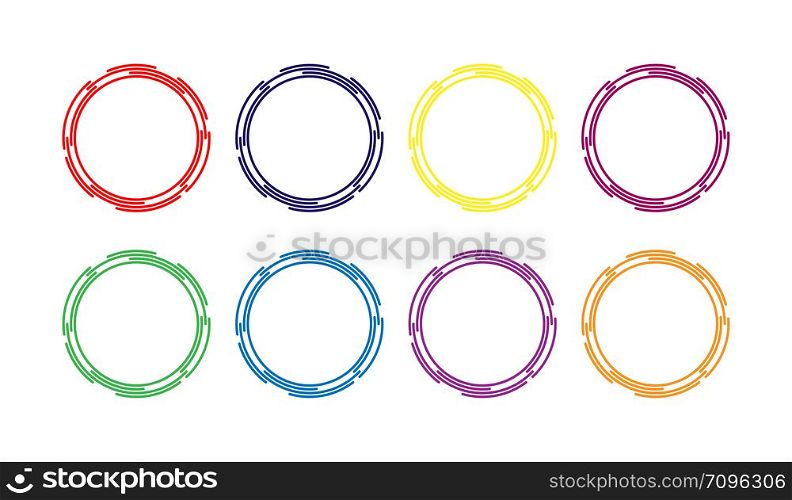 set of colored round contour frames made of individual lines, flat design.