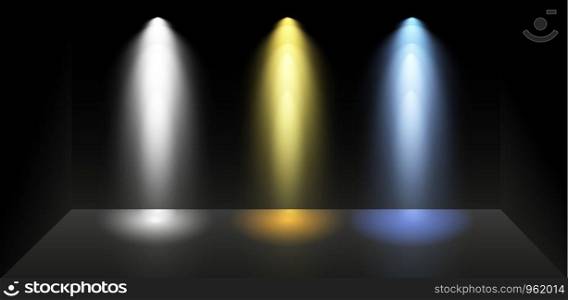 Set of colored searchlights on a black background. Bright lighting with spotlights. The searchlight is white, blue.. Set of colored searchlights on a black background. Bright lighting with spotlights. The searchlight is white, blue