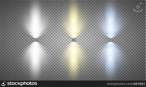 Set of colored searchlights on a transparent background. Bright lighting with spotlights. The searchlight is white, blue.. Set of colored searchlights on a transparent background. Bright lighting with spotlights. The searchlight is white, blue