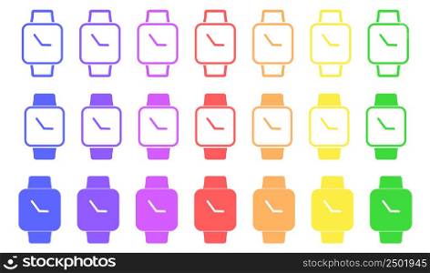 Set of colored smart watches icon. Wristwatch illustration symbol. Sign wristband clock vector.