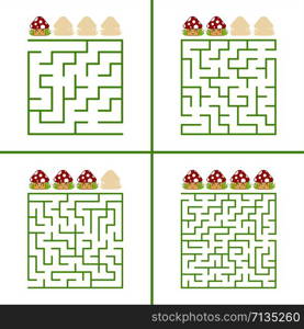 Set of colored square mazes for children. A puzzle game. Simple flat vector illustration isolated on white background. Set of colored square mazes for children. A puzzle game. Simple flat vector illustration isolated on white background.