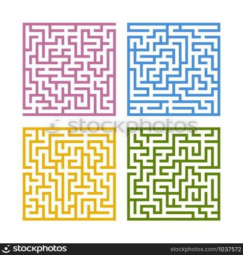 Set of colored square mazes. Game for kids. Puzzle for children. One entrances, one exit. Labyrinth conundrum. Flat vector illustration isolated on white background. Set of colored square mazes. Game for kids. Puzzle for children. One entrances, one exit. Labyrinth conundrum. Flat vector illustration isolated on white background.
