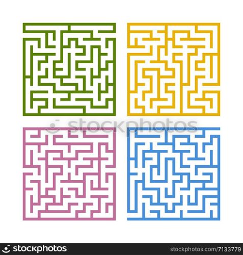 Set of colored square mazes. Game for kids. Puzzle for children. One entrances, one exit. Labyrinth conundrum. Flat vector illustration isolated on white background. Set of colored square mazes. Game for kids. Puzzle for children. One entrances, one exit. Labyrinth conundrum. Flat vector illustration isolated on white background.